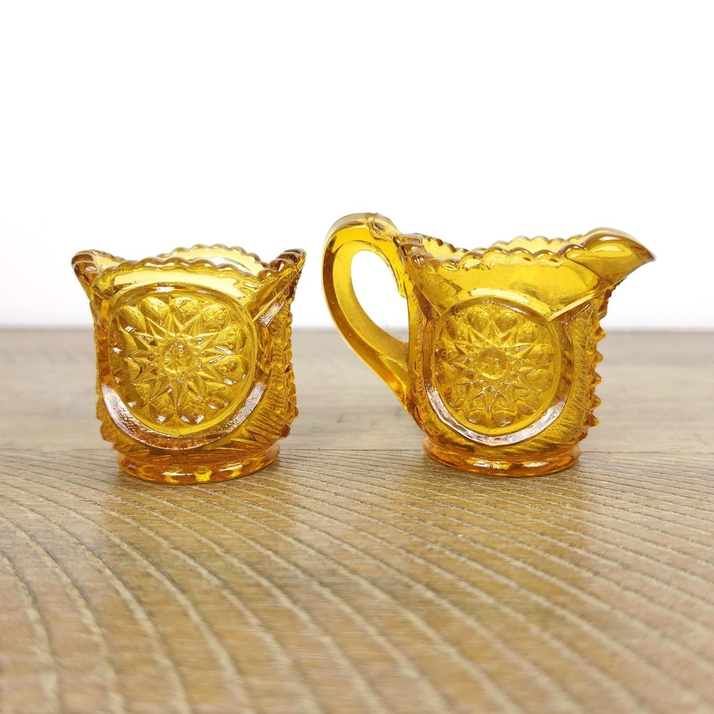 Miniature LE Smith Amber Creamer and Sugar Set, Vintage Pressed Glass